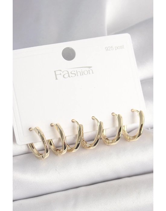 925 Ayar Gümüş Çivi Pirinç Gold Renk Oval Halka Model Kadın Küpe Seti