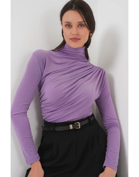 925 Büzgü Detaylı Sandy Bluz - Lila