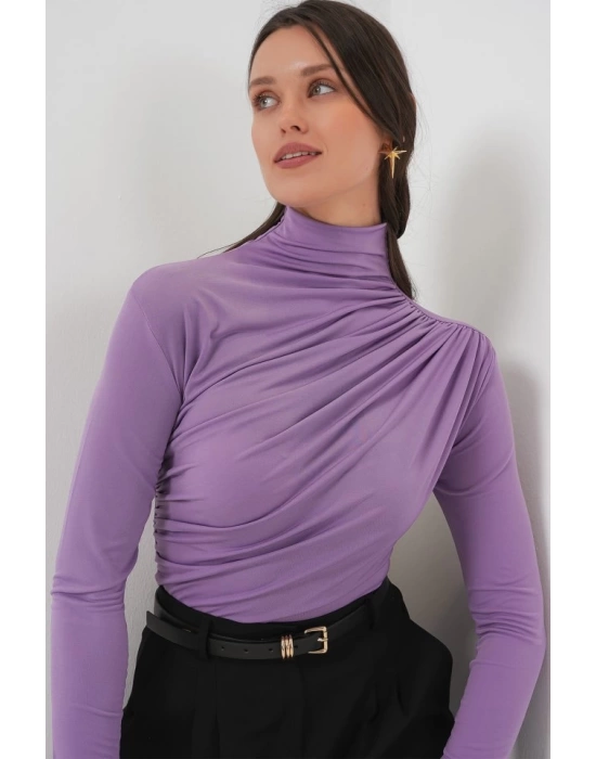 925 Büzgü Detaylı Sandy Bluz - Lila
