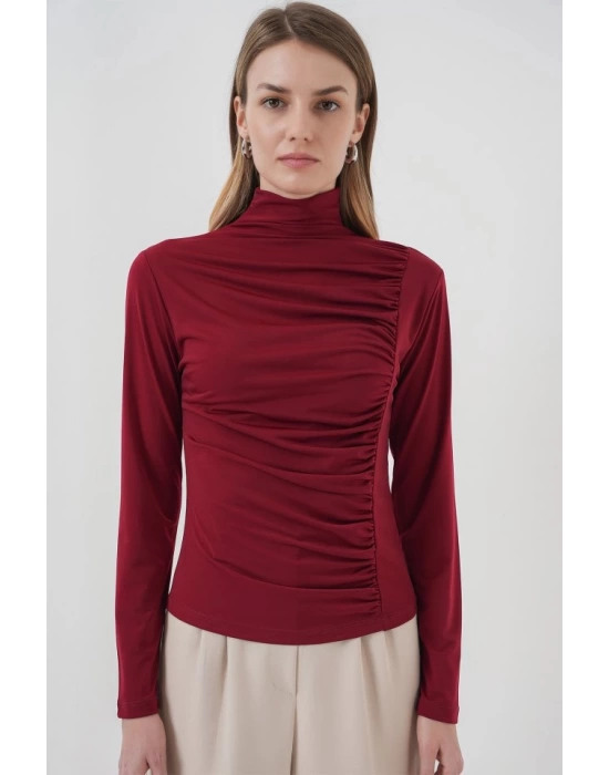 938 Büzgü Detaylı Dik Yaka Sandy Bluz - Bordo