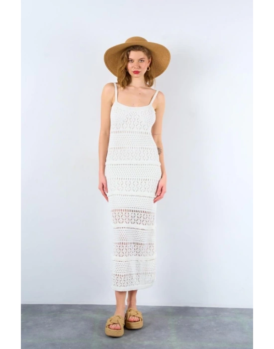 Ajurlu Astarlı Elbise - Ekru