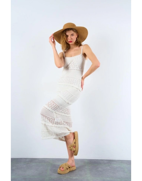 Ajurlu Astarlı Elbise - Ekru