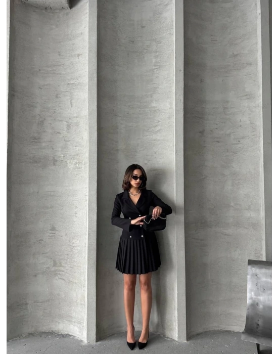 Altı piliseli uzun kollu ceket elbise siyah s255016