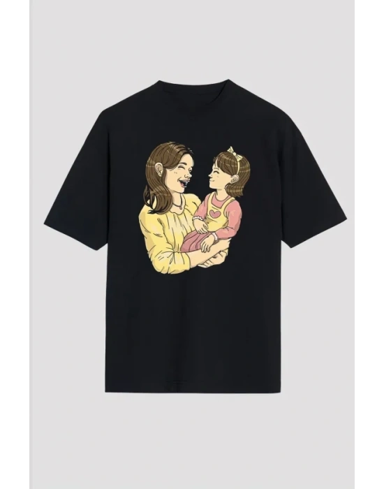 Anneler Günü Hediye Anne Kız Temalı Baskılı Oversize Bisiklet Yaka T-shirt - Siyah