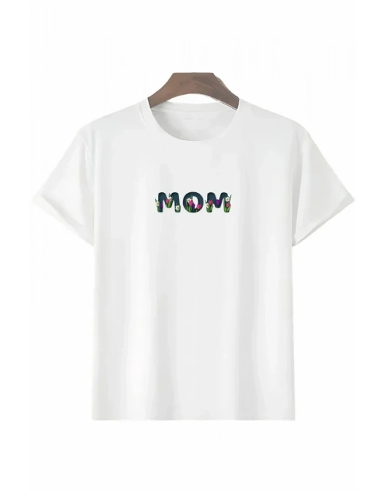 Anneler Günü Hediye Mom Çiçek Baskılı Oversize Bisiklet Yaka T-shirt - Beyaz