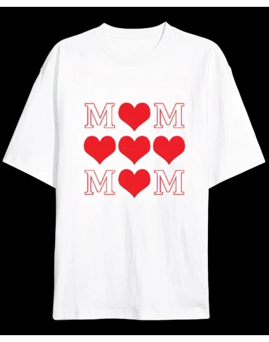 Anneler Günü Hediye MOM Kalp Baskılı Oversize Bisiklet Yaka T-shirt - Beyaz