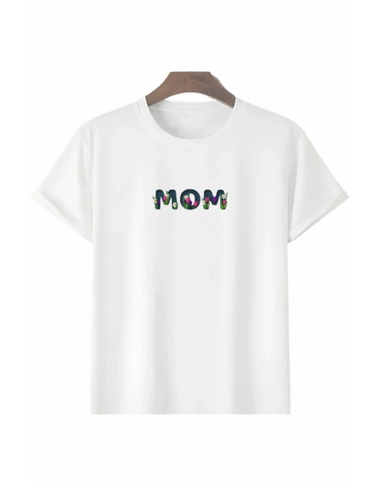 Anneler Gününe Özel Tasarım Mom Çiçek Baskılı T-shirt - Beyaz