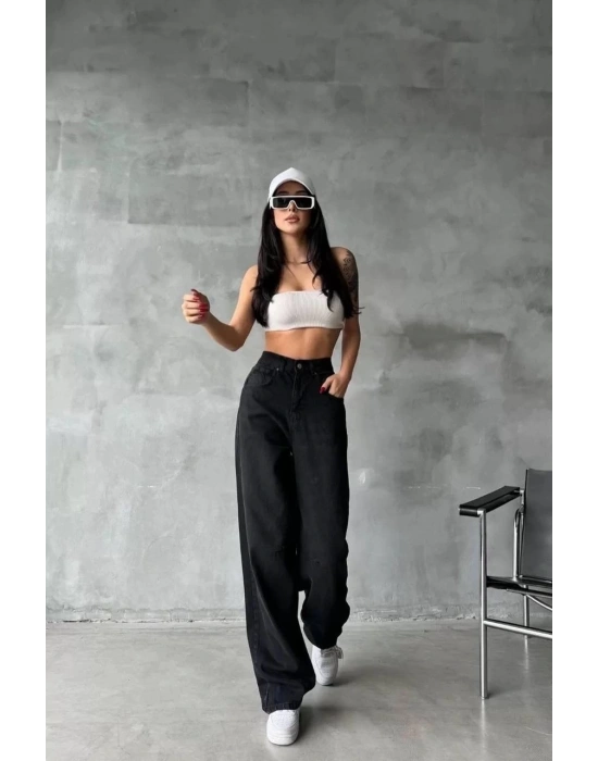 Arkadan tokalı jeans pantolon Siyah