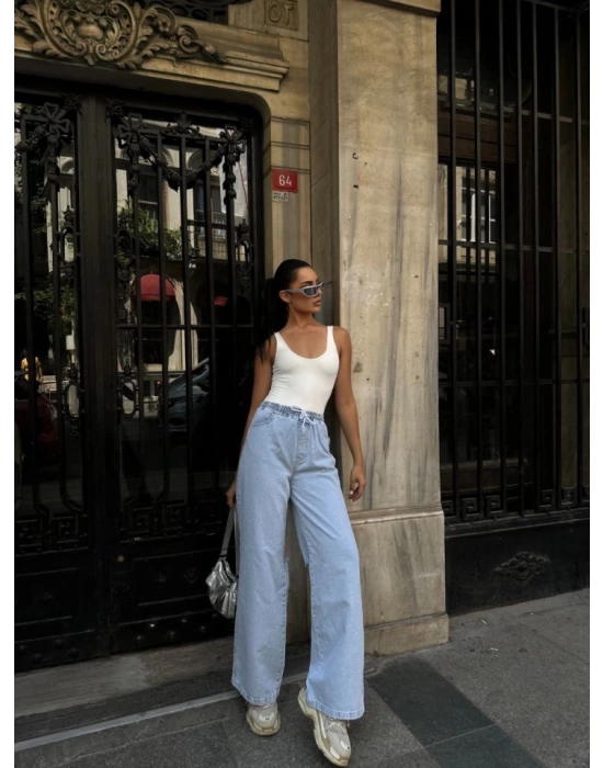 Arkadan Yırtmaçlı Jeans Kot Palazzo Pantolon - Mavi