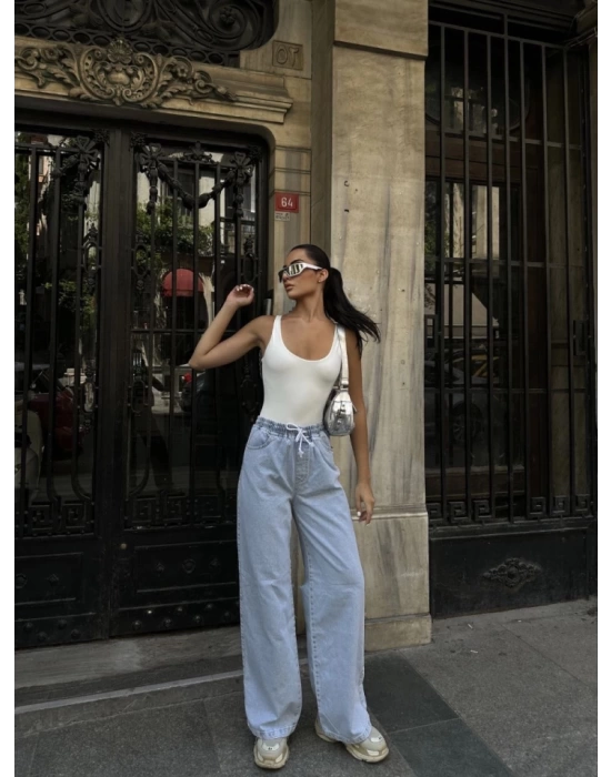 Arkadan Yırtmaçlı Jeans Kot Palazzo Pantolon - Mavi