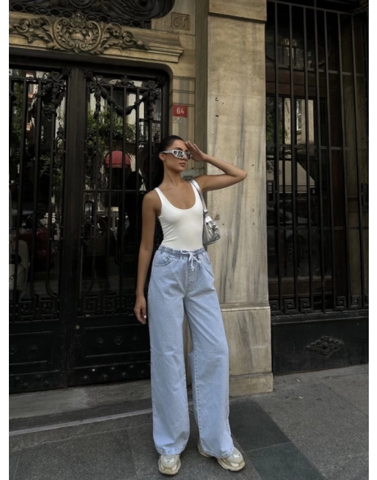 Arkadan Yırtmaçlı Jeans Kot Palazzo Pantolon - Mavi