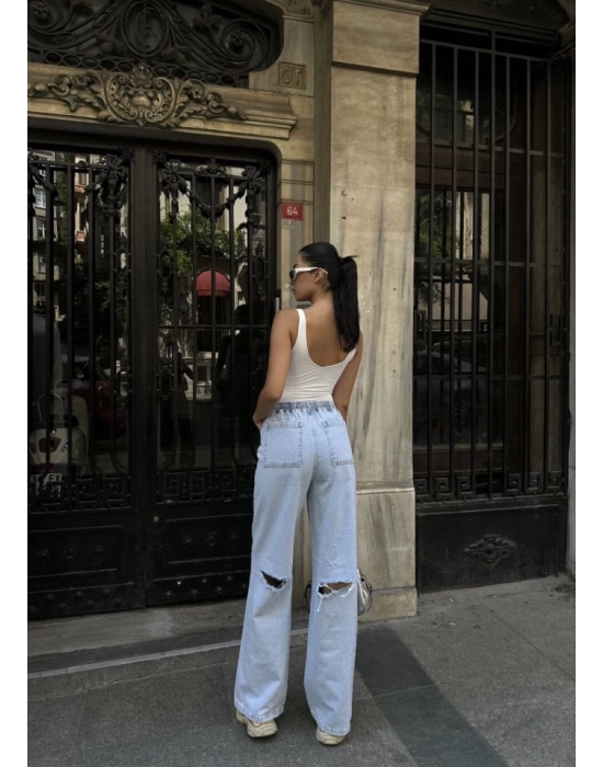 Arkadan Yırtmaçlı Jeans Kot Palazzo Pantolon - Mavi