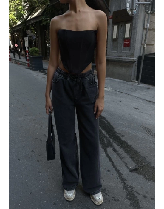 Arkadan Yırtmaçlı Jeans Kot Palazzo Pantolon - Siyah