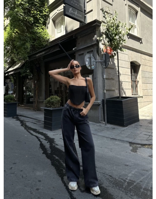 Arkadan Yırtmaçlı Jeans Kot Palazzo Pantolon - Siyah