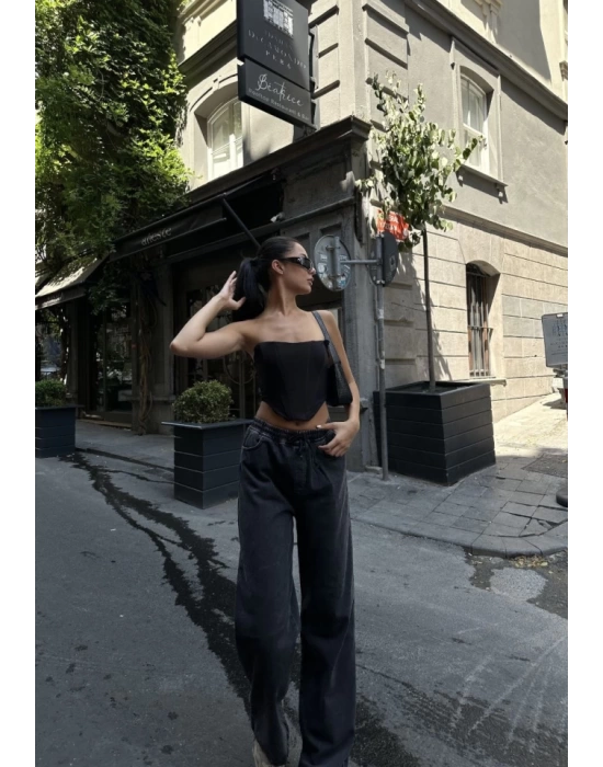 Arkadan Yırtmaçlı Jeans Kot Palazzo Pantolon - Siyah