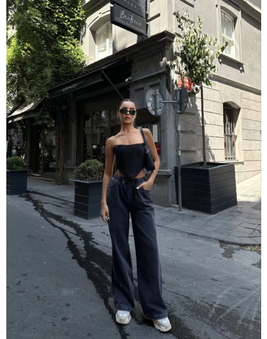 Arkadan Yırtmaçlı Jeans Kot Palazzo Pantolon - Siyah