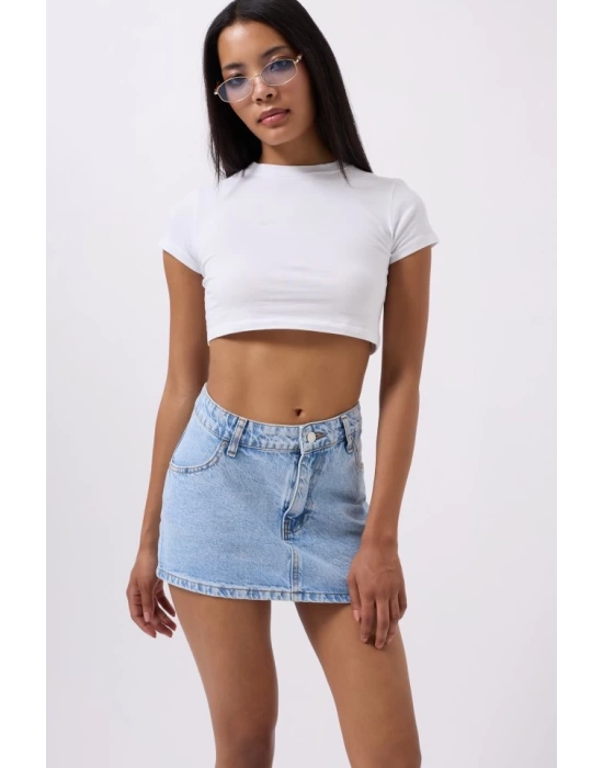 Asimetrik Bel Denim Mini Etek