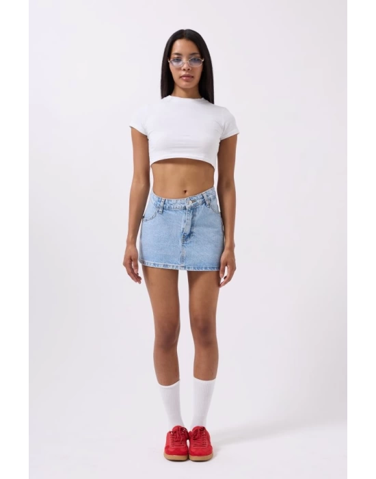 Asimetrik Bel Denim Mini Etek