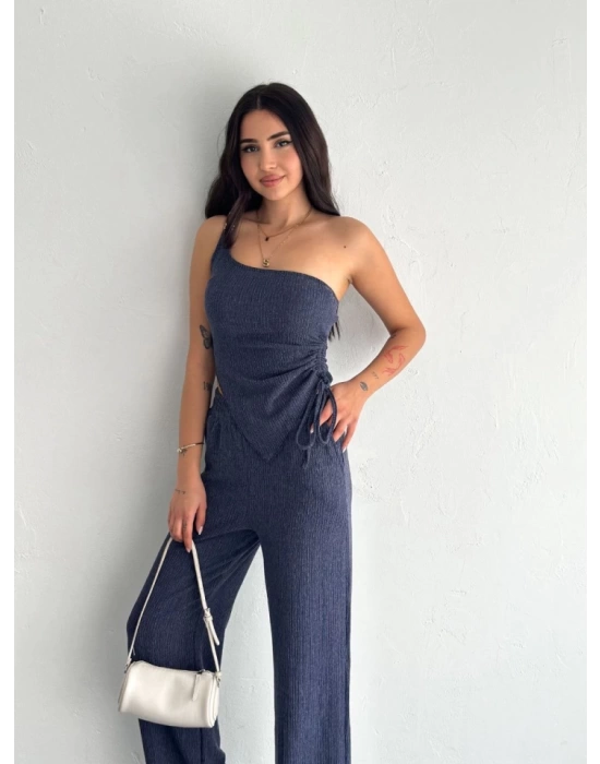 Asimetrik Crop Pantalon Ikili Takım - Lacivert