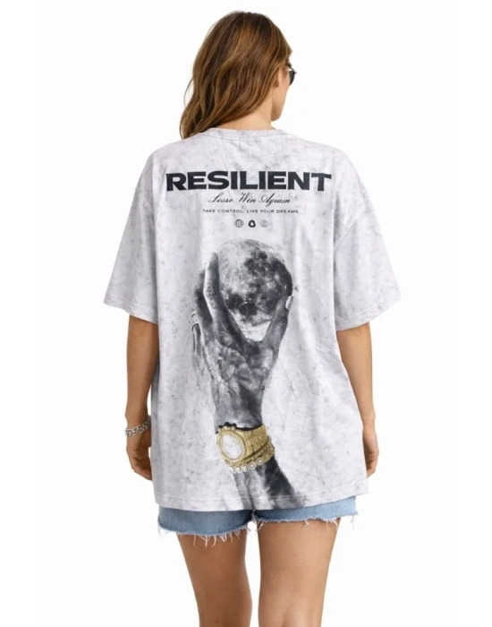 Asit Yıkamalı Oversize Tişört ön Ve Arkası Baskılı %100 Pamuk Street Style T-Shirt - Beyaz