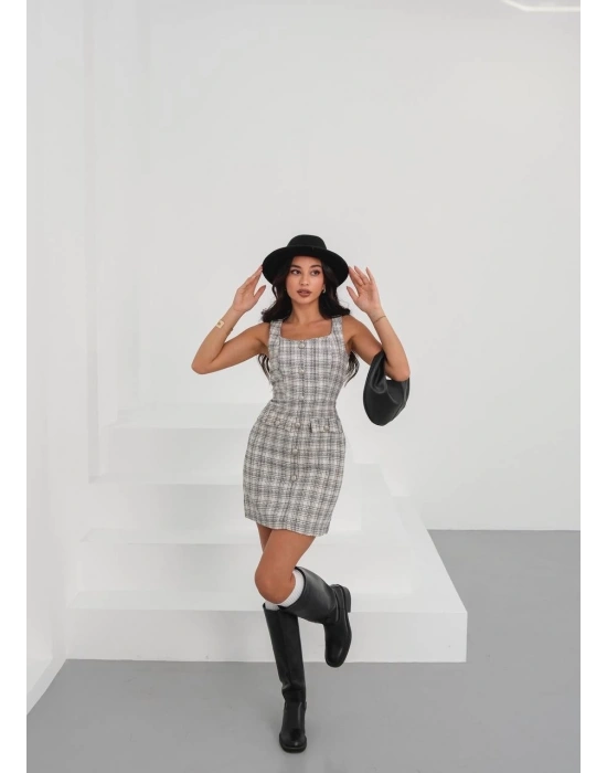 Askılı ch kumaş düğmeli elbise gribeyaz h265007