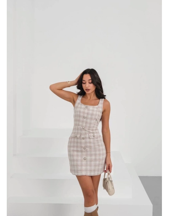 Askılı ch kumaş düğmeli elbise pudrabeyaz h265007