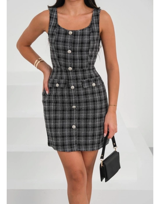 Askılı ch kumaş düğmeli elbise siyahbeyaz h265007