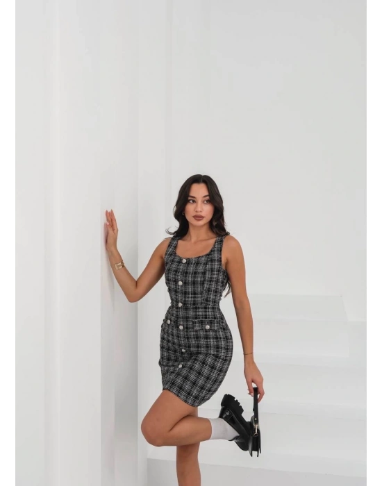 Askılı ch kumaş düğmeli elbise siyahbeyaz h265007