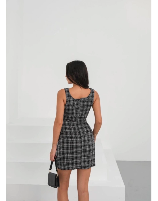 Askılı ch kumaş düğmeli elbise siyahbeyaz h265007