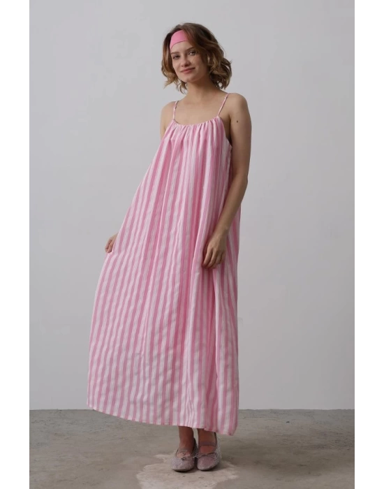 Askılı Çizgi Desen Elbise - Pembe