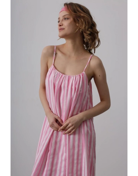 Askılı Çizgi Desen Elbise - Pembe