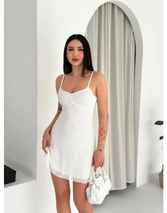Askılı Mini Elbise Drapeli Göğüs Detay Likralı Yazlık Fit - Beyaz
