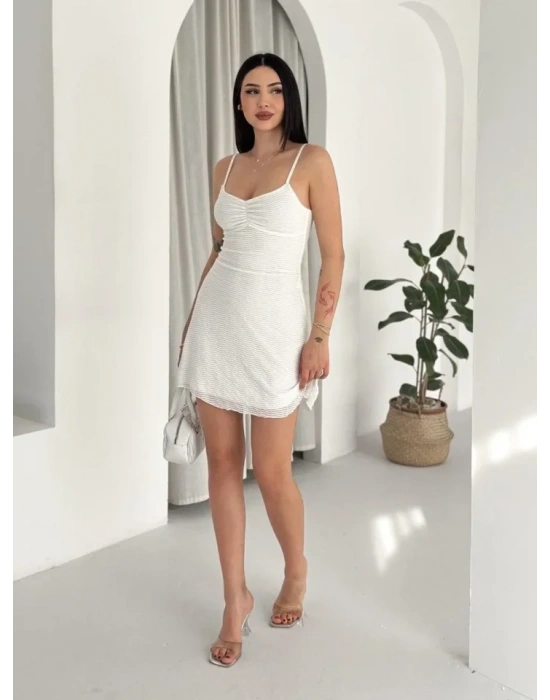 Askılı Mini Elbise Drapeli Göğüs Detay Likralı Yazlık Fit - Beyaz