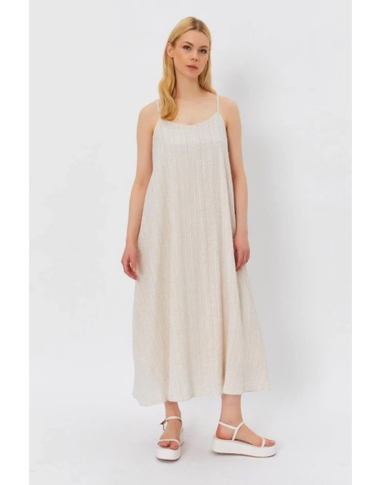 Askılı Uzun Çan Elbise - Natür