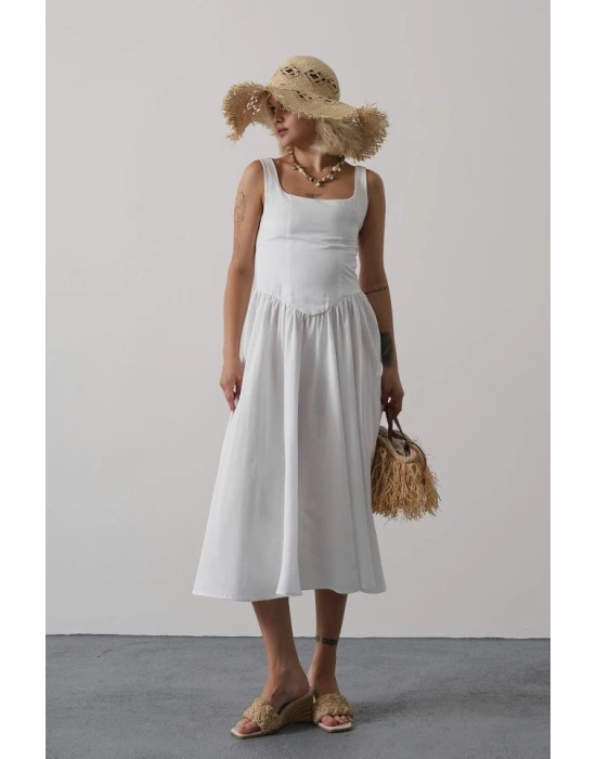 Askılı Uzun Elbise - Beyaz