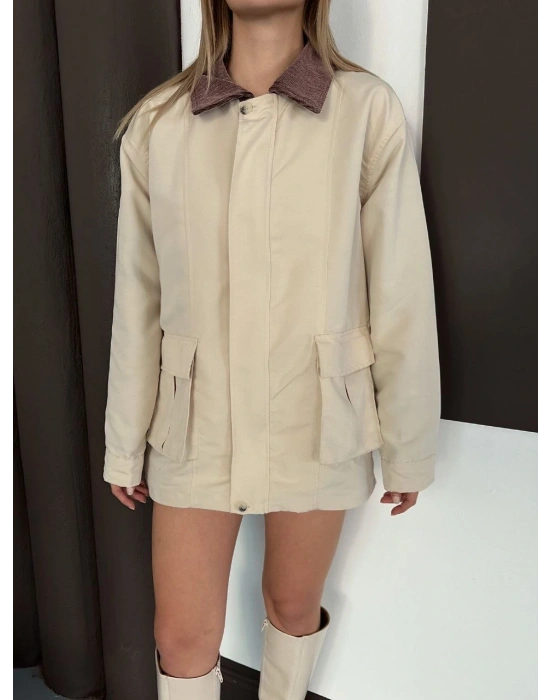 Astarlı yaka detaylı artos ceket bej st2651019