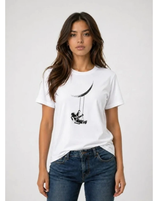 Astronot Ay Temalı Tişört Kısa Kol Yazlık Bisiklet Yaka T-Shirt - Beyaz
