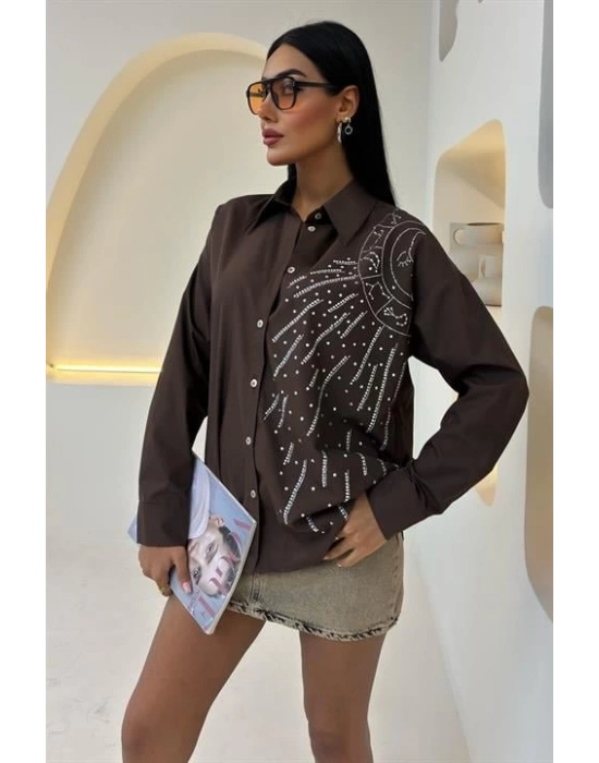 Ay Figürlü Taş İşlemeli Poplin Gömlek 3440