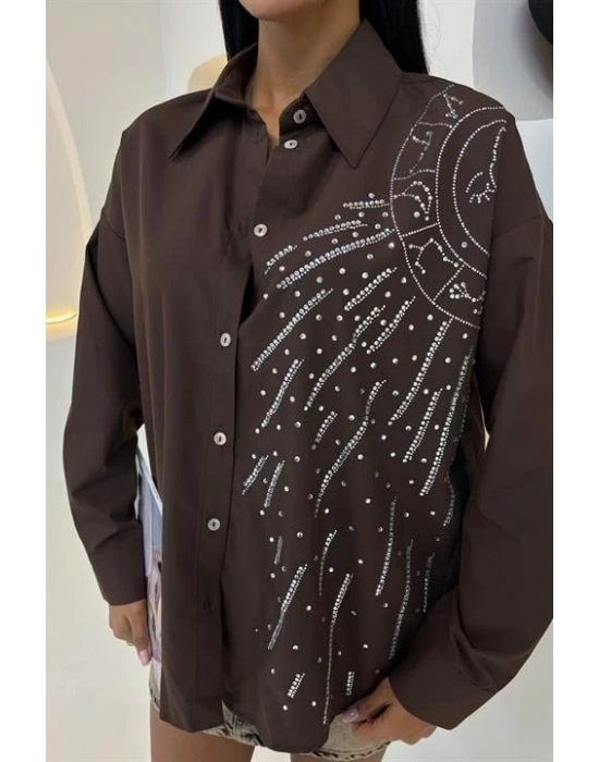 Ay Figürlü Taş İşlemeli Poplin Gömlek 3440