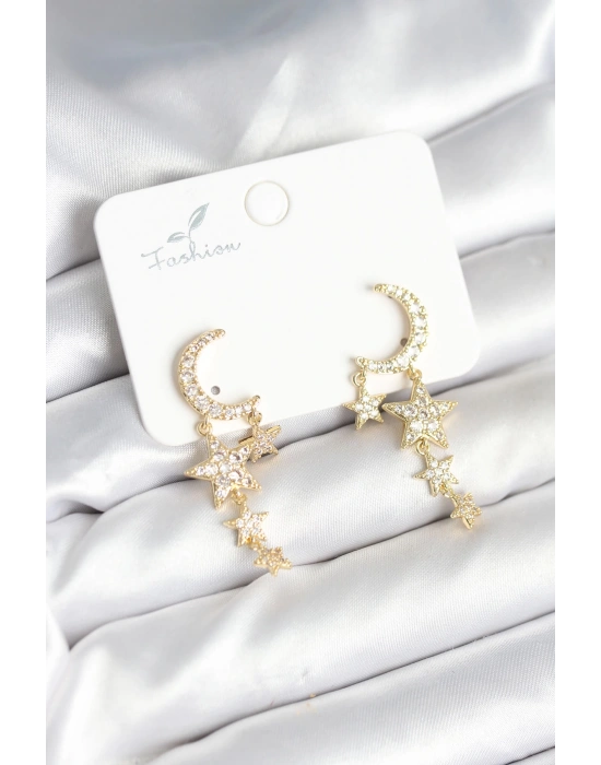 Ay ve Yıldız Model Gold Renk Pirinç Kadın Küpe