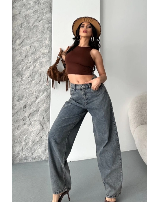 Baggy kar yıkama eskitme kahve jeans pantolon d2007