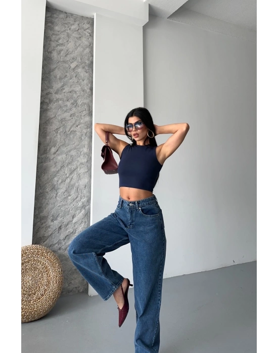 Baggy kar yıkama jeans pantolon koyu mavi d2007