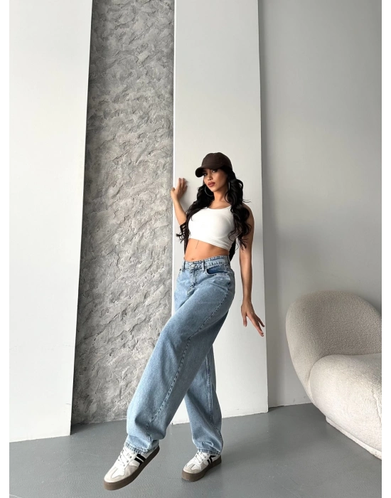 Baggy kar yıkama orta mavi jeans pantolon d2007