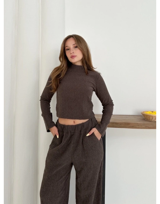 Balıkçı yaka örme takım kahve st265865