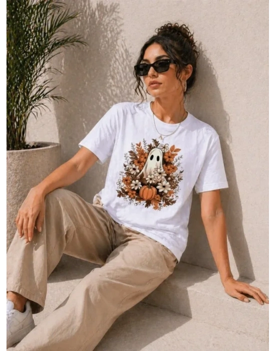 Balkabağı Hayalet Baskılı Tişört Kısa Kol Yazlık T-Shirt - Beyaz