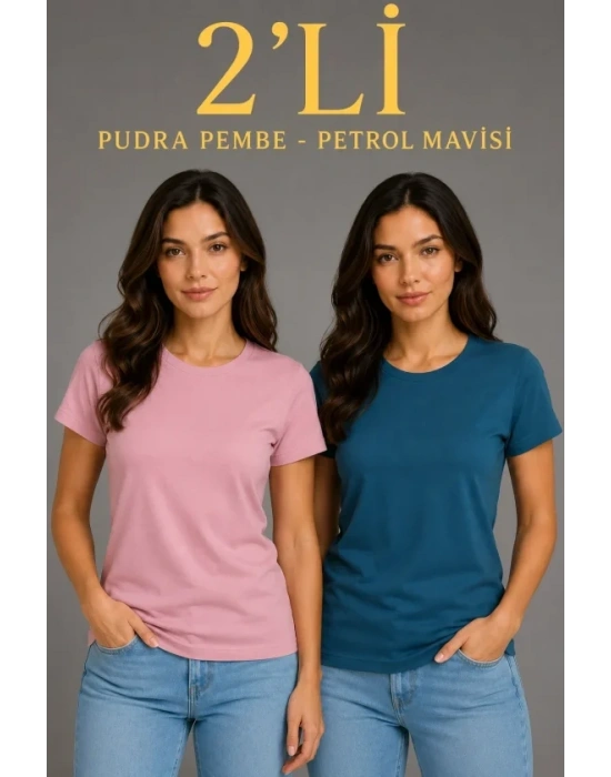 Basic Bisiklet Yaka Yazlık Slim Fit T-Shirt - Pudra Pembe - Petrol Mavi