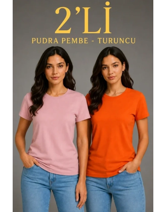 Basic Bisiklet Yaka Yazlık Slim Fit T-Shirt - Pudra Pembe - Turuncu
