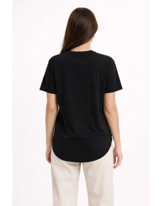 Basic T-Shirt Kısa Kol Bisiklet Yaka Oval Kesim Tişört - Siyah