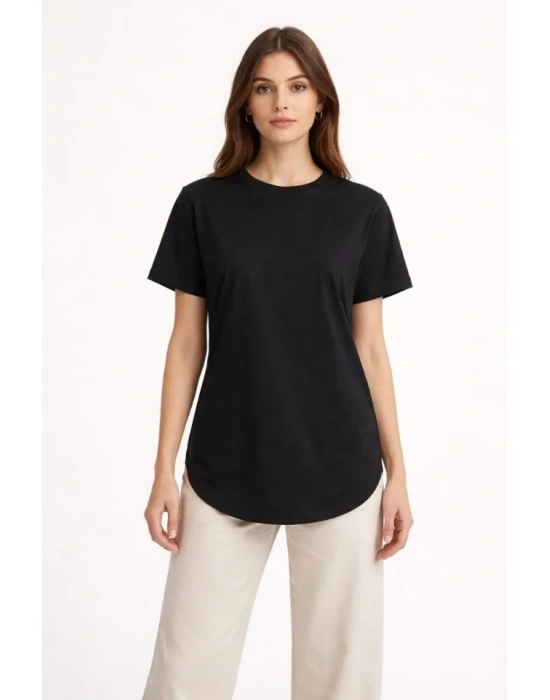 Basic T-Shirt Kısa Kol Bisiklet Yaka Oval Kesim Tişört - Siyah