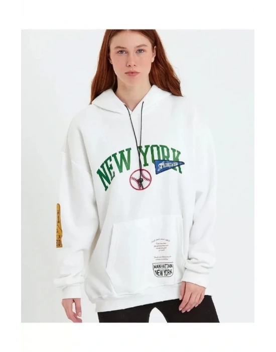 Baskılı Kapüşonlu Sweatshirt - Beyaz